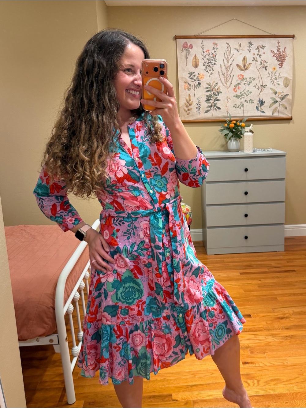 Talbots Cotton Floral Tie-Waist Midi Dress in Pink and Teal 6P
